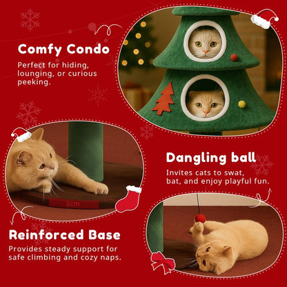 Comhoma 52" Christmas Cat Tree with 2 Cozy Houses,Indoor Modern Cat Tower with Anti-Tip Kit,Plush Perches & Hanging Balls,Holiday Cat Climbing Furniture for Kittens to Play and Sleep