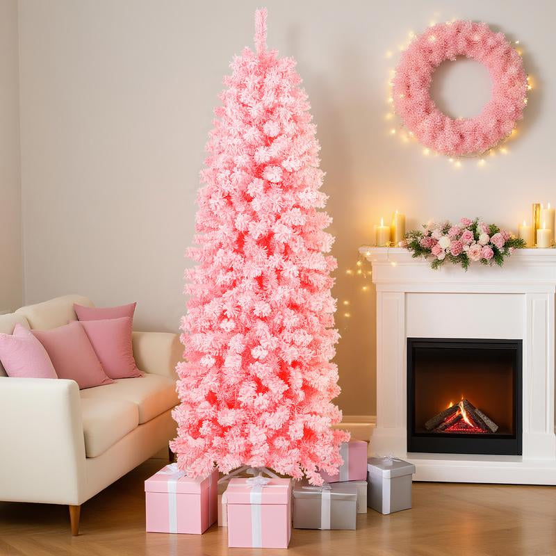 【Falldealsforyou】Aowos 6Ft Pre-Lit Snow Flocked Slim Pencil Christmas Tree, 502 Lifelike Branch Tips, 250 Multicolor LED Lights & Sturdy Metal Stand, Metal Hinges, Foldable Base, Merry Christmas, Holiday