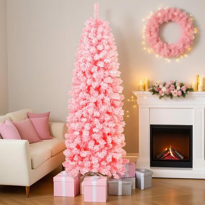 【Falldealsforyou】Aowos 6Ft Pre-Lit Snow Flocked Slim Pencil Christmas Tree, 502 Lifelike Branch Tips, 250 Multicolor LED Lights & Sturdy Metal Stand, Metal Hinges, Foldable Base, Merry Christmas, Holiday