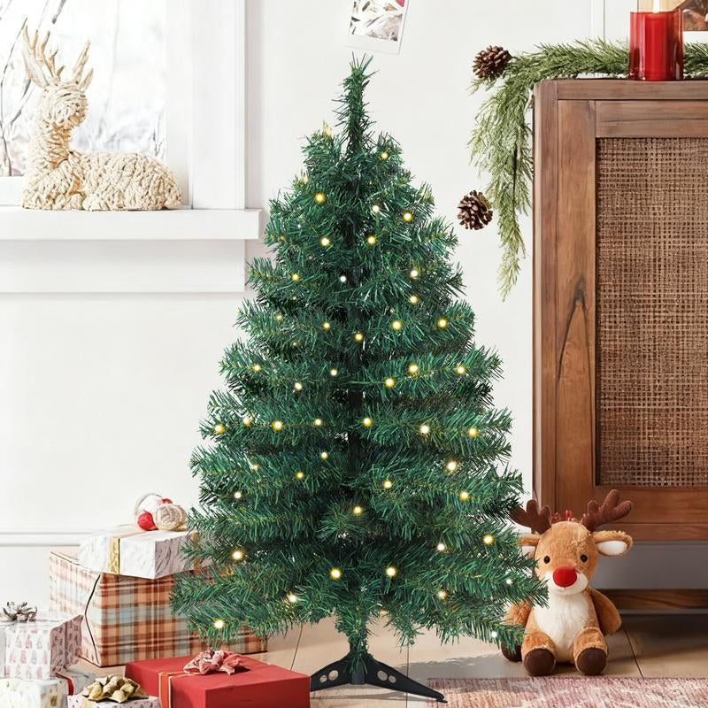 Okicoler 3 Ft Pre-Lit Christmas Tree, Artificial Christmas Trees with Lighting, Xmas Trees with 25 Led Lights, 100 Branch Christmas Decoration for Home, Office, Easy Assembly