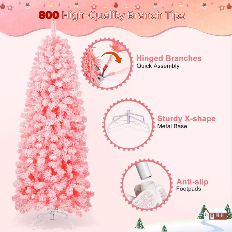 【Falldealsforyou】Aowos 6Ft Pre-Lit Snow Flocked Slim Pencil Christmas Tree, 502 Lifelike Branch Tips, 250 Multicolor LED Lights & Sturdy Metal Stand, Metal Hinges, Foldable Base, Merry Christmas, Holiday