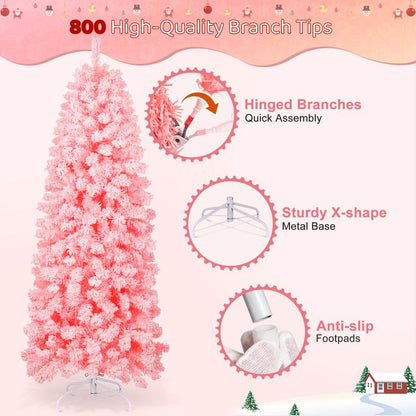 【Falldealsforyou】Aowos 6Ft Pre-Lit Snow Flocked Slim Pencil Christmas Tree, 502 Lifelike Branch Tips, 250 Multicolor LED Lights & Sturdy Metal Stand, Metal Hinges, Foldable Base, Merry Christmas, Holiday
