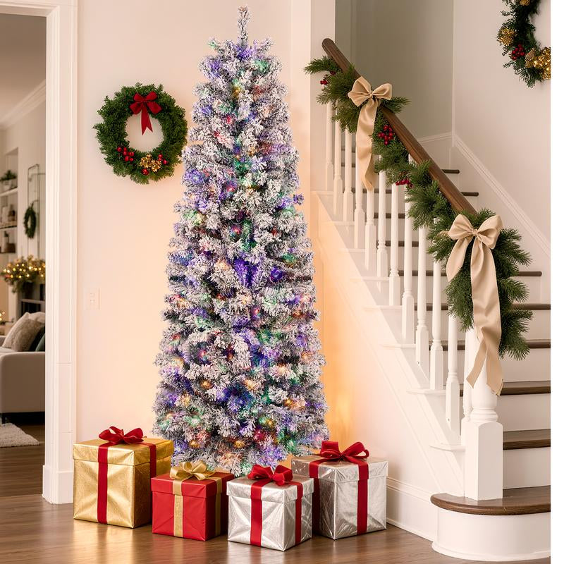 【Falldealsforyou】Aowos 6Ft Pre-Lit Snow Flocked Slim Pencil Christmas Tree, 502 Lifelike Branch Tips, 250 Multicolor LED Lights & Sturdy Metal Stand, Metal Hinges, Foldable Base, Merry Christmas, Holiday