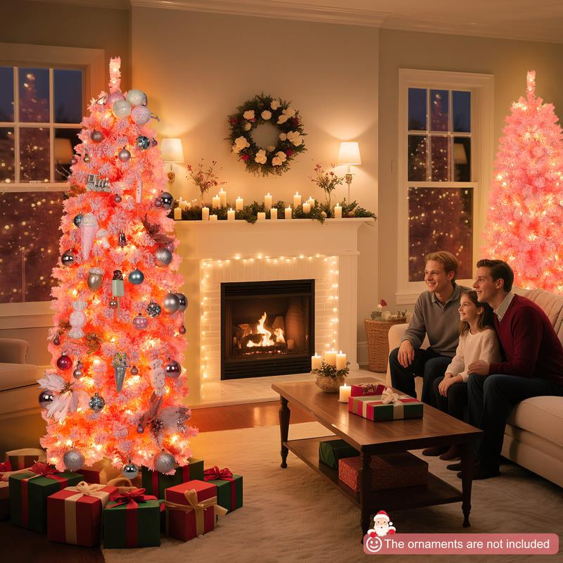 【Falldealsforyou】Aowos 6Ft Pre-Lit Snow Flocked Slim Pencil Christmas Tree, 502 Lifelike Branch Tips, 250 Multicolor LED Lights & Sturdy Metal Stand, Metal Hinges, Foldable Base, Merry Christmas, Holiday