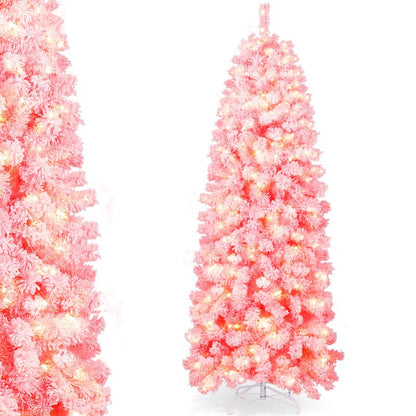 【Falldealsforyou】Aowos 6Ft Pre-Lit Snow Flocked Slim Pencil Christmas Tree, 502 Lifelike Branch Tips, 250 Multicolor LED Lights & Sturdy Metal Stand, Metal Hinges, Foldable Base, Merry Christmas, Holiday