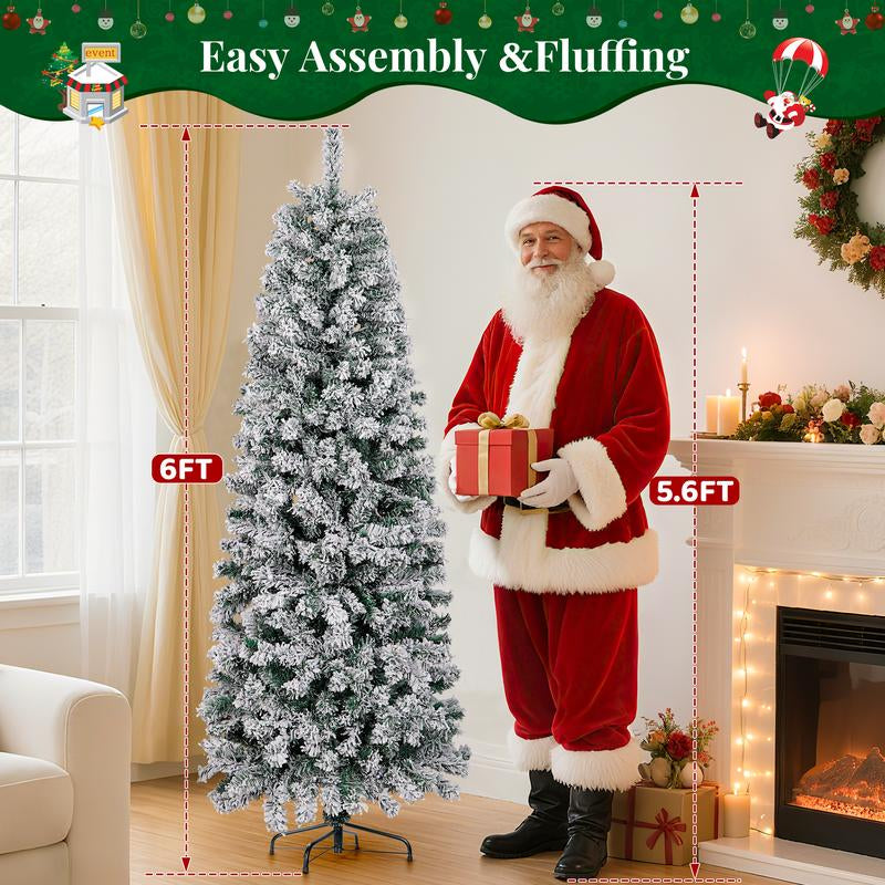 【Falldealsforyou】Aowos 6Ft Pre-Lit Snow Flocked Slim Pencil Christmas Tree, 502 Lifelike Branch Tips, 250 Multicolor LED Lights & Sturdy Metal Stand, Metal Hinges, Foldable Base, Merry Christmas, Holiday