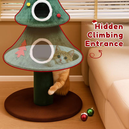 Comhoma 52" Christmas Cat Tree with 2 Cozy Houses,Indoor Modern Cat Tower with Anti-Tip Kit,Plush Perches & Hanging Balls,Holiday Cat Climbing Furniture for Kittens to Play and Sleep