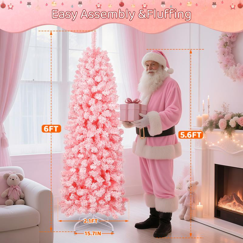 【Falldealsforyou】Aowos 6Ft Pre-Lit Snow Flocked Slim Pencil Christmas Tree, 502 Lifelike Branch Tips, 250 Multicolor LED Lights & Sturdy Metal Stand, Metal Hinges, Foldable Base, Merry Christmas, Holiday