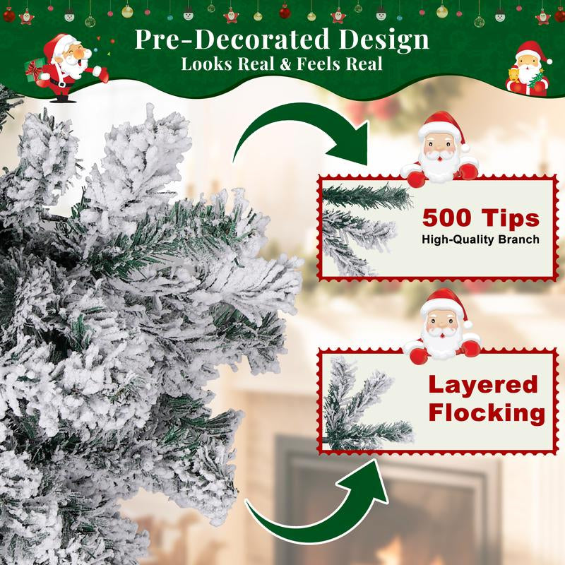 【Falldealsforyou】Aowos 6Ft Pre-Lit Snow Flocked Slim Pencil Christmas Tree, 502 Lifelike Branch Tips, 250 Multicolor LED Lights & Sturdy Metal Stand, Metal Hinges, Foldable Base, Merry Christmas, Holiday