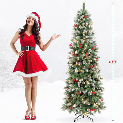 【Falldealsforyou】Aowos 6Ft Pre-Lit Snow Flocked Slim Pencil Christmas Tree, 502 Lifelike Branch Tips, 250 Multicolor LED Lights & Sturdy Metal Stand, Metal Hinges, Foldable Base, Merry Christmas, Holiday