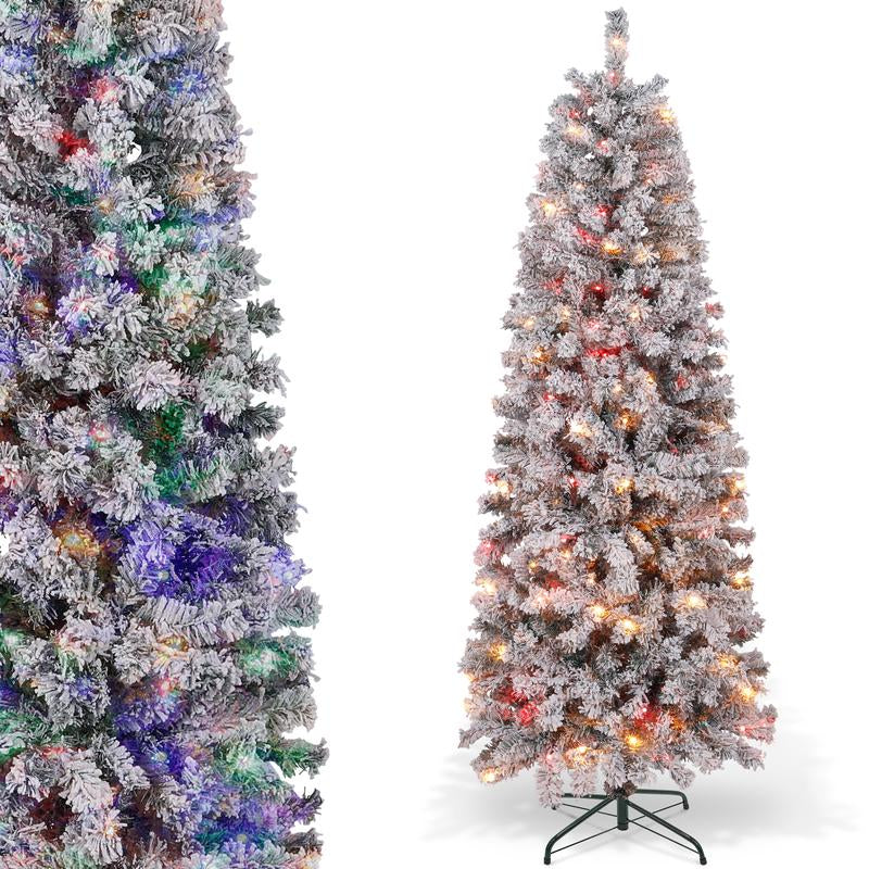 【Falldealsforyou】Aowos 6Ft Pre-Lit Snow Flocked Slim Pencil Christmas Tree, 502 Lifelike Branch Tips, 250 Multicolor LED Lights & Sturdy Metal Stand, Metal Hinges, Foldable Base, Merry Christmas, Holiday