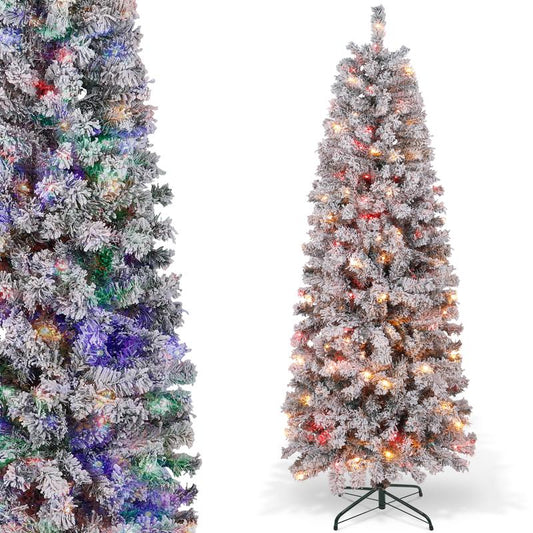 【Falldealsforyou】Aowos 6Ft Pre-Lit Snow Flocked Slim Pencil Christmas Tree, 502 Lifelike Branch Tips, 250 Multicolor LED Lights & Sturdy Metal Stand, Metal Hinges, Foldable Base, Merry Christmas, Holiday