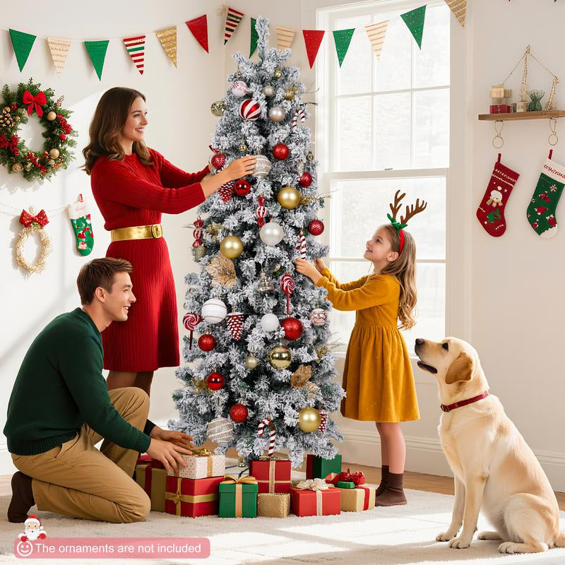【Falldealsforyou】Aowos 6Ft Pre-Lit Snow Flocked Slim Pencil Christmas Tree, 502 Lifelike Branch Tips, 250 Multicolor LED Lights & Sturdy Metal Stand, Metal Hinges, Foldable Base, Merry Christmas, Holiday