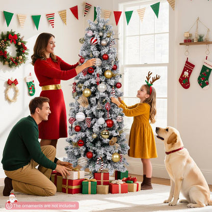 【Falldealsforyou】Aowos 6Ft Pre-Lit Snow Flocked Slim Pencil Christmas Tree, 502 Lifelike Branch Tips, 250 Multicolor LED Lights & Sturdy Metal Stand, Metal Hinges, Foldable Base, Merry Christmas, Holiday