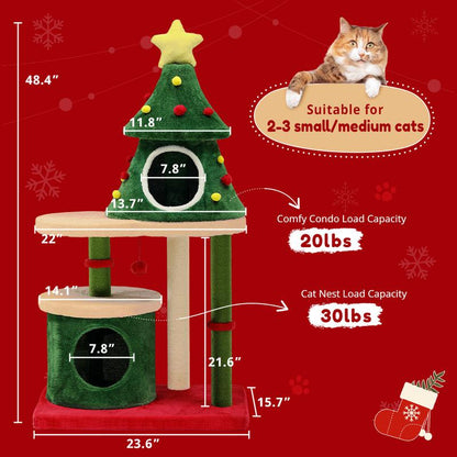 Comhoma 52" Christmas Cat Tree with 2 Cozy Houses,Indoor Modern Cat Tower with Anti-Tip Kit,Plush Perches & Hanging Balls,Holiday Cat Climbing Furniture for Kittens to Play and Sleep