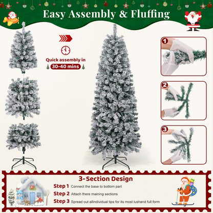 【Falldealsforyou】Aowos 6Ft Pre-Lit Snow Flocked Slim Pencil Christmas Tree, 502 Lifelike Branch Tips, 250 Multicolor LED Lights & Sturdy Metal Stand, Metal Hinges, Foldable Base, Merry Christmas, Holiday