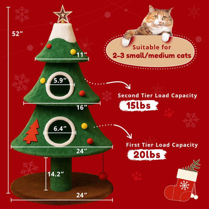 Comhoma 52" Christmas Cat Tree with 2 Cozy Houses,Indoor Modern Cat Tower with Anti-Tip Kit,Plush Perches & Hanging Balls,Holiday Cat Climbing Furniture for Kittens to Play and Sleep