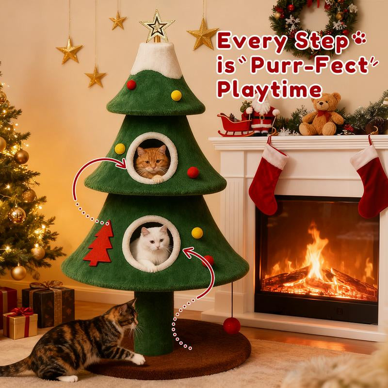 Comhoma 52" Christmas Cat Tree with 2 Cozy Houses,Indoor Modern Cat Tower with Anti-Tip Kit,Plush Perches & Hanging Balls,Holiday Cat Climbing Furniture for Kittens to Play and Sleep